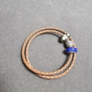 Authentic PANDORA Camel BROWN DOUBLE LEATHER Bracelet sterling silver clasp With